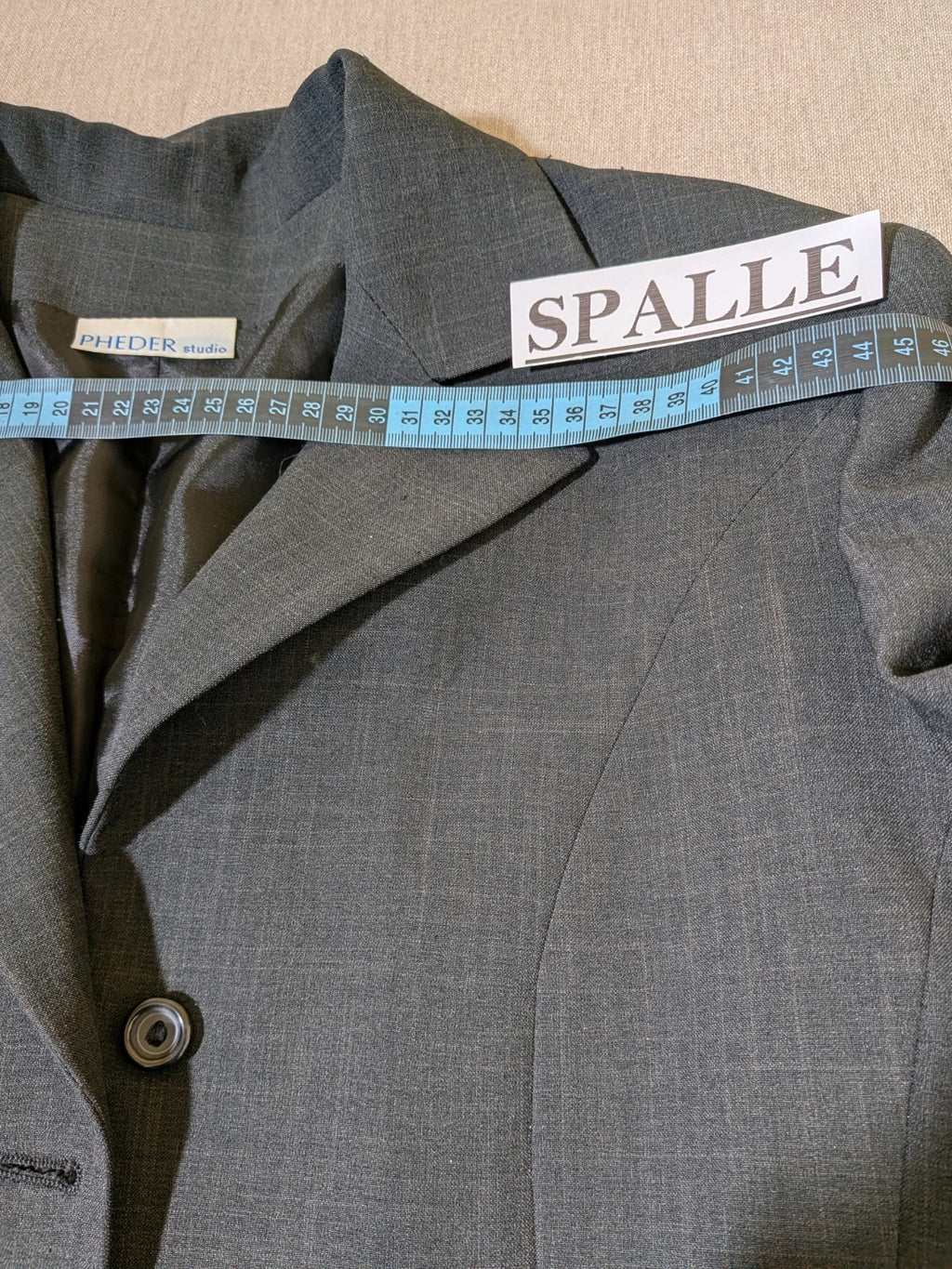 Pheder Studio grey vintage suit with long jacket and tailored pants, excellent condition.