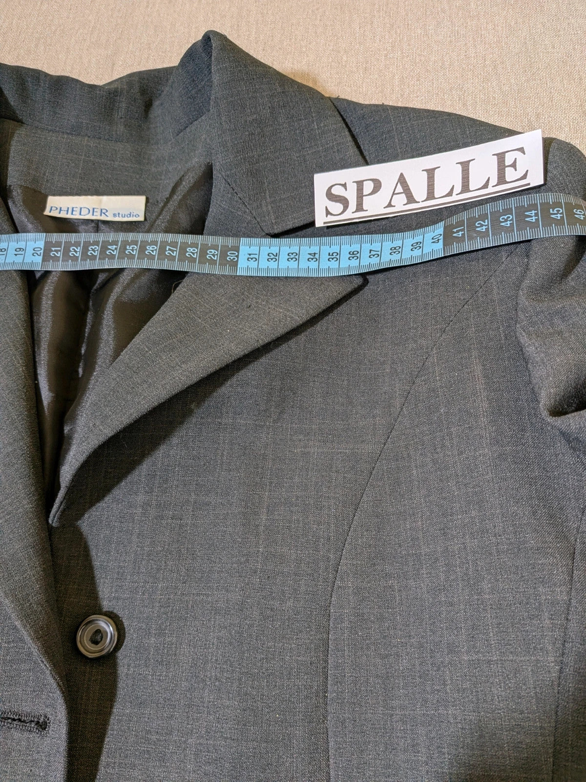 Pheder Studio grey vintage suit with long jacket and tailored pants, excellent condition.