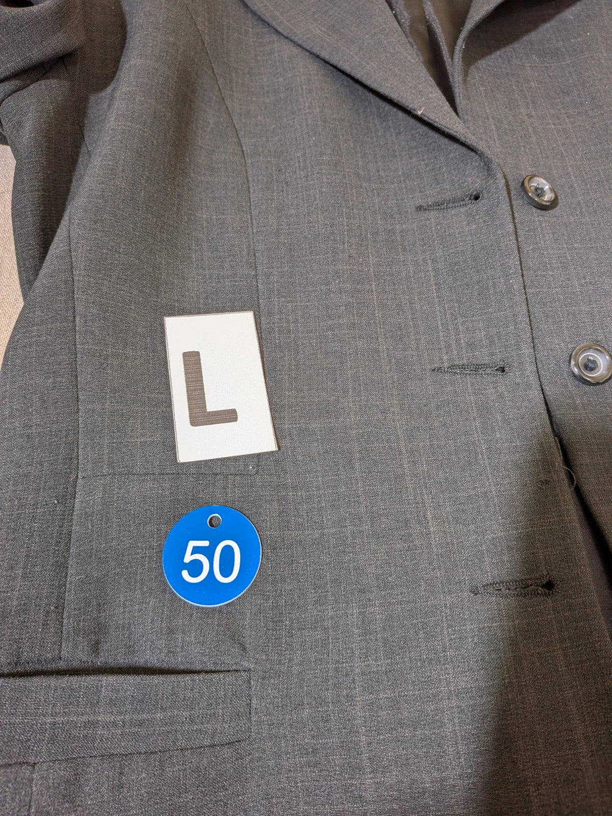 Pheder Studio grey vintage suit with long jacket and tailored pants, excellent condition.