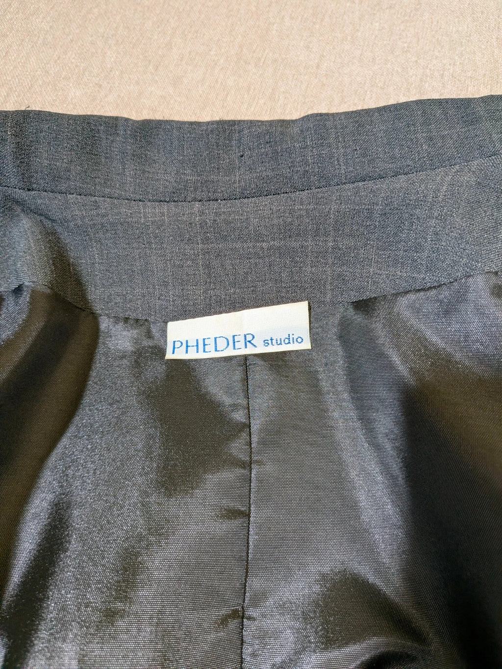 Pheder Studio grey vintage suit with long jacket and tailored pants, excellent condition.