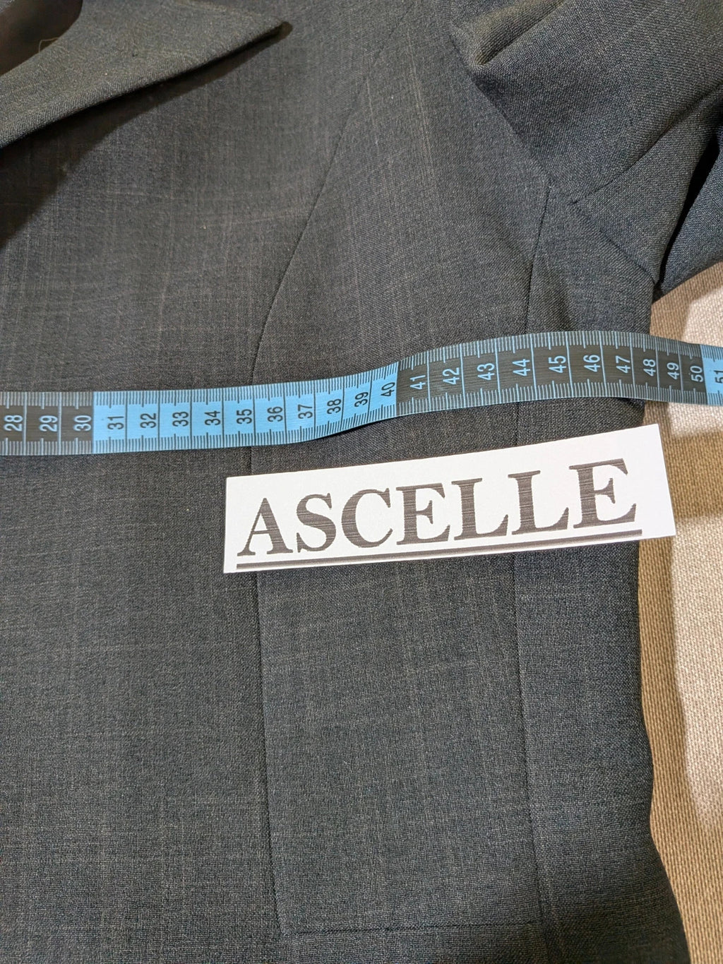 Pheder Studio grey vintage suit with long jacket and tailored pants, excellent condition.