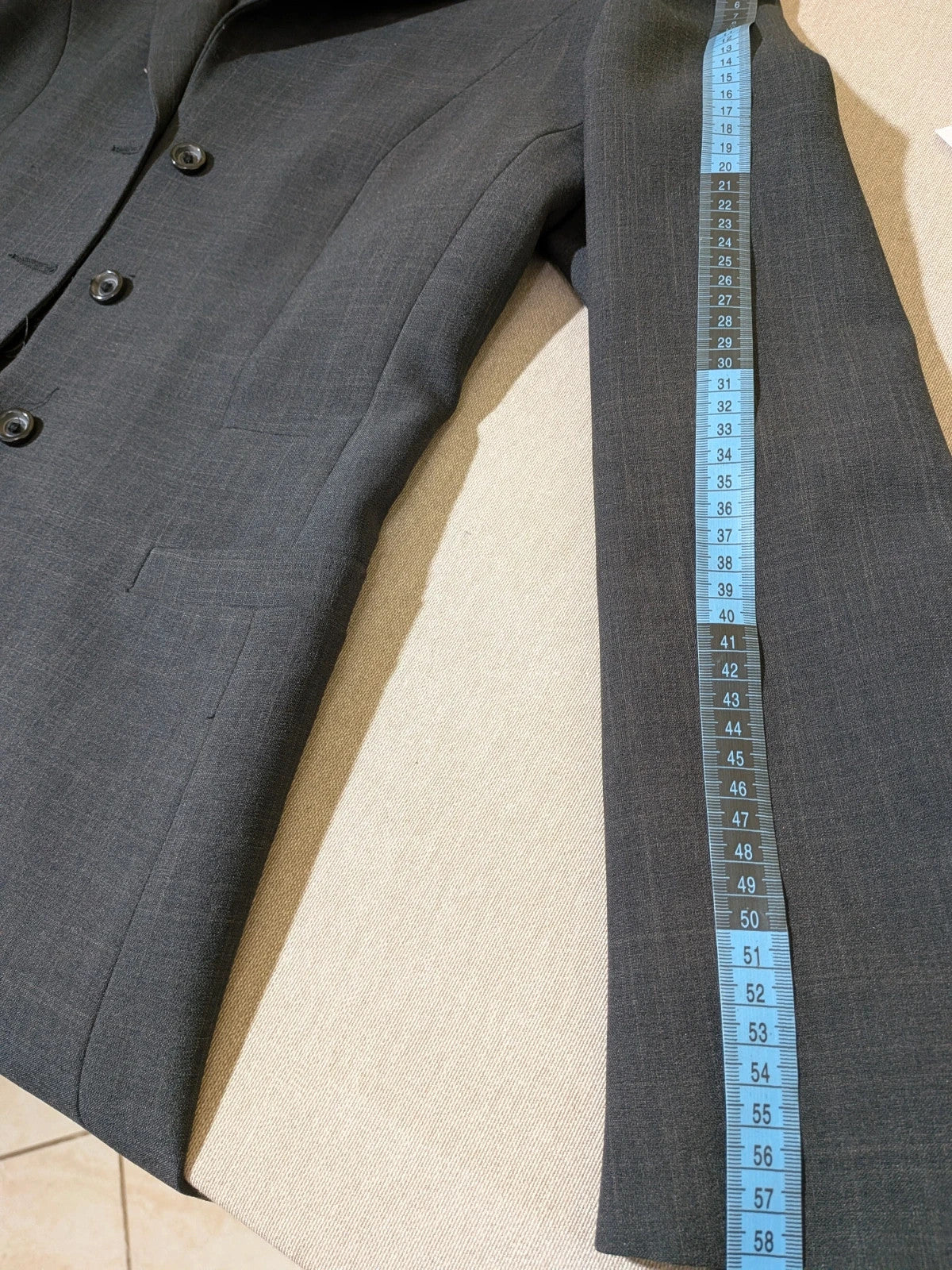 Pheder Studio grey vintage suit with long jacket and tailored pants, excellent condition.