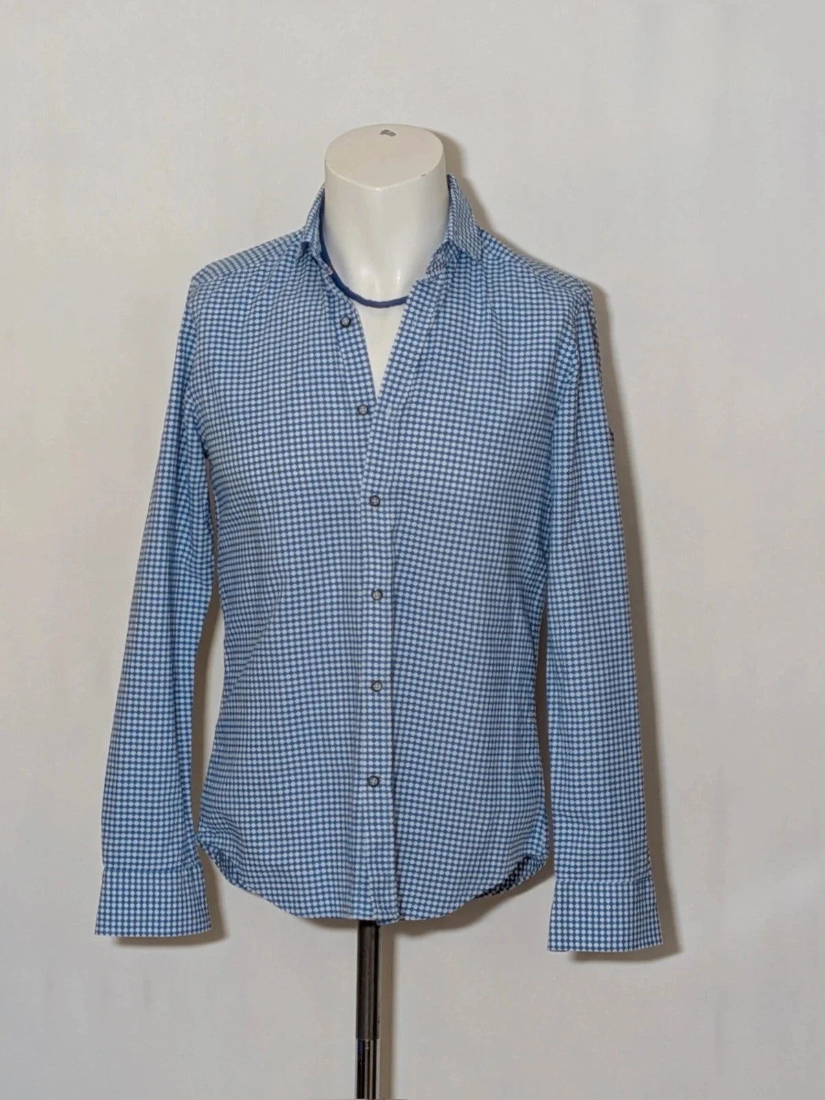 INVIDIA blue and white micro-check shirt with contrasting red collar tape and dark buttons.