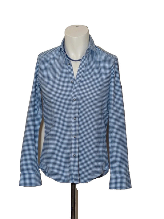 INVIDIA blue and white micro-check shirt with contrasting red collar tape and dark buttons.