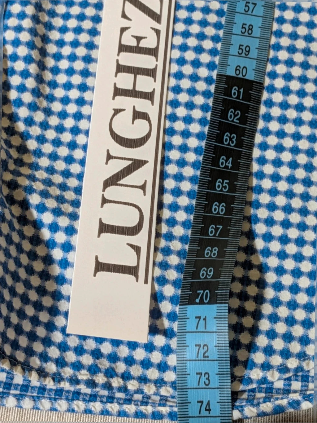 INVIDIA blue and white micro-check shirt with contrasting red collar tape and dark buttons.