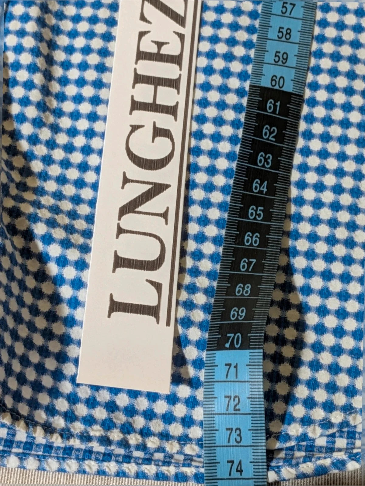 INVIDIA blue and white micro-check shirt with contrasting red collar tape and dark buttons.