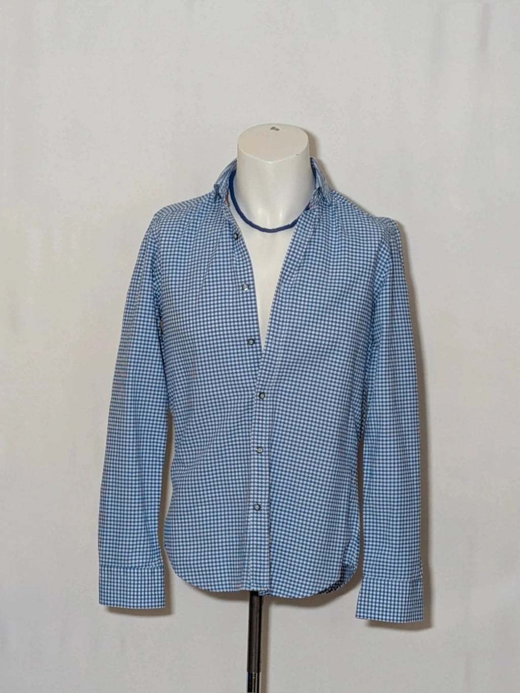 INVIDIA blue and white micro-check shirt with contrasting red collar tape and dark buttons.