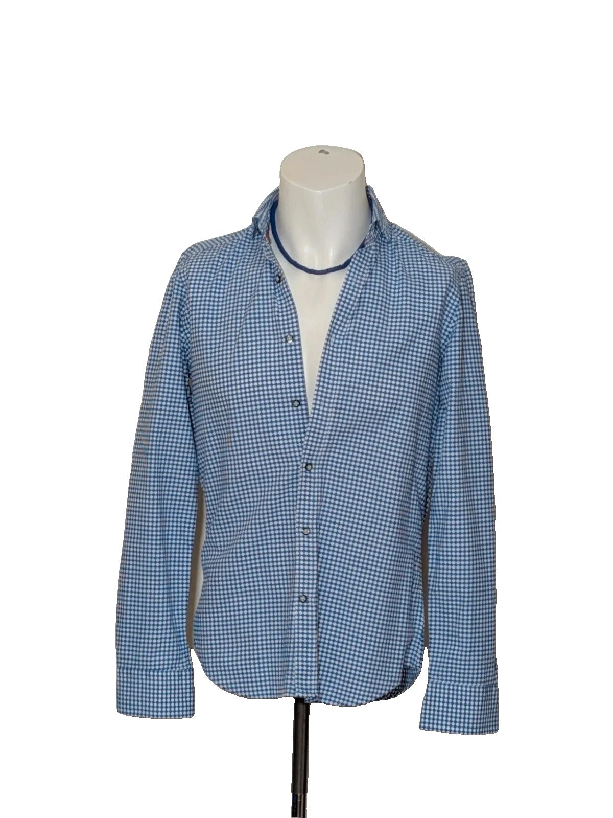 INVIDIA blue and white micro-check shirt with contrasting red collar tape and dark buttons.