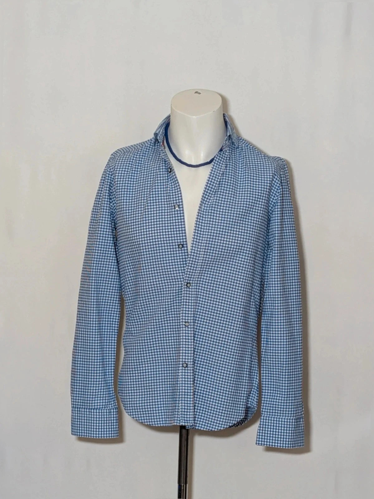INVIDIA blue and white micro-check shirt with contrasting red collar tape and dark buttons.