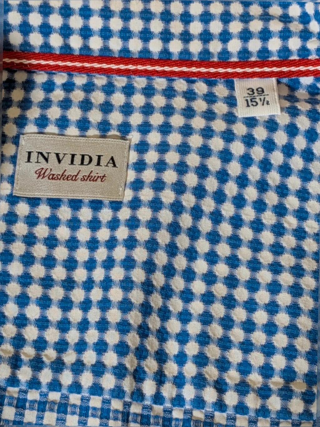 INVIDIA blue and white micro-check shirt with contrasting red collar tape and dark buttons.