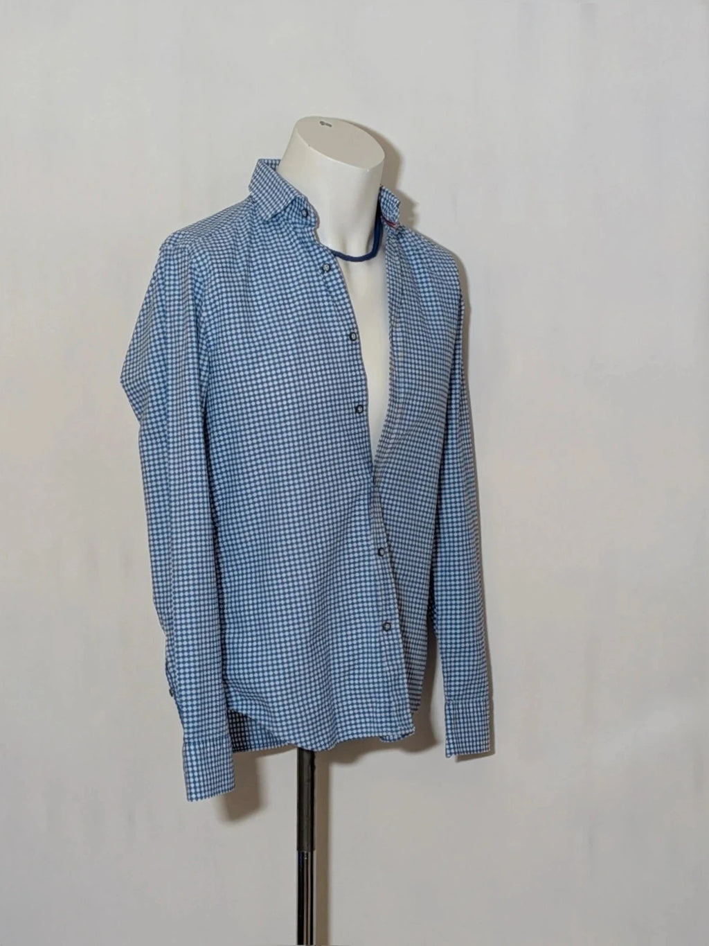 INVIDIA blue and white micro-check shirt with contrasting red collar tape and dark buttons.