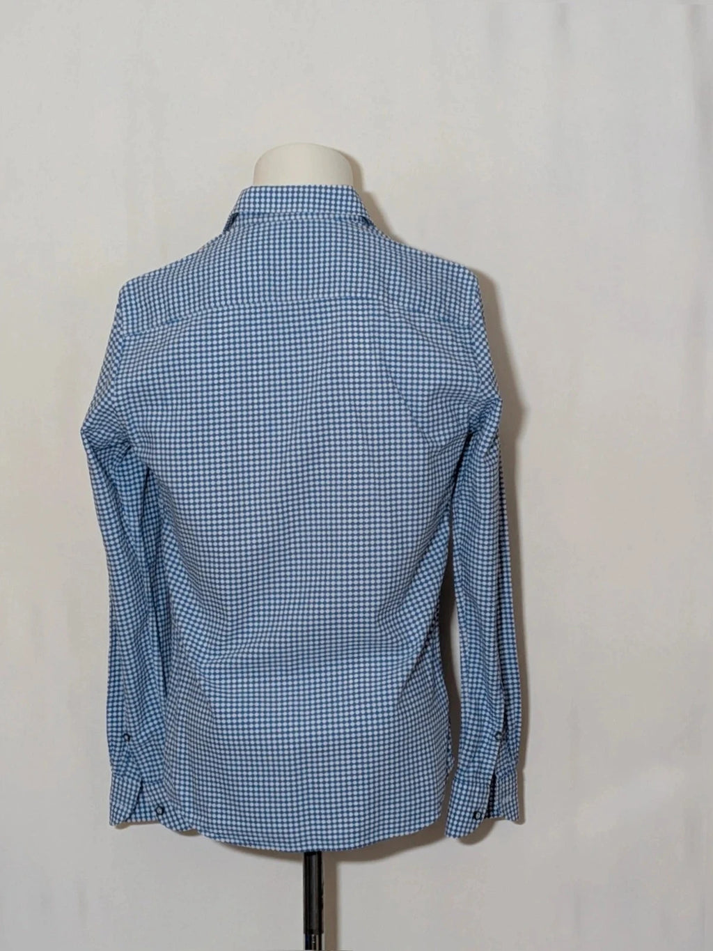 INVIDIA blue and white micro-check shirt with contrasting red collar tape and dark buttons.