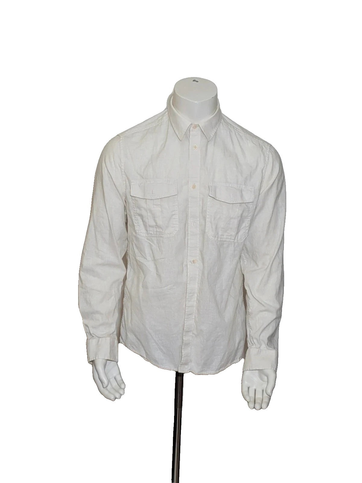 H&M cream men's shirt lightweight linen-cotton blend with dual chest pockets and classic collar.