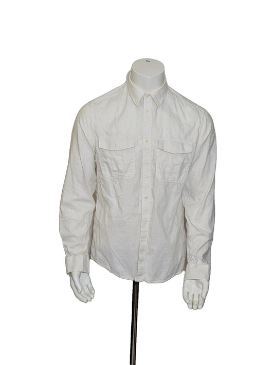 H&M cream men's shirt lightweight linen-cotton blend with dual chest pockets and classic collar.