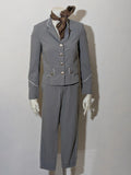 Imperial grey suit with white piping and jewel buttons, elegant fitted blazer and pants.