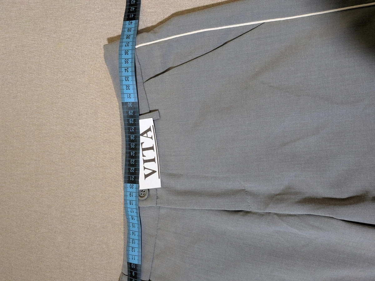Imperial grey suit with white piping and jewel buttons, elegant fitted blazer and pants.