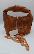Pelle brown handbag with gold crossbody strap and textured PU leather.