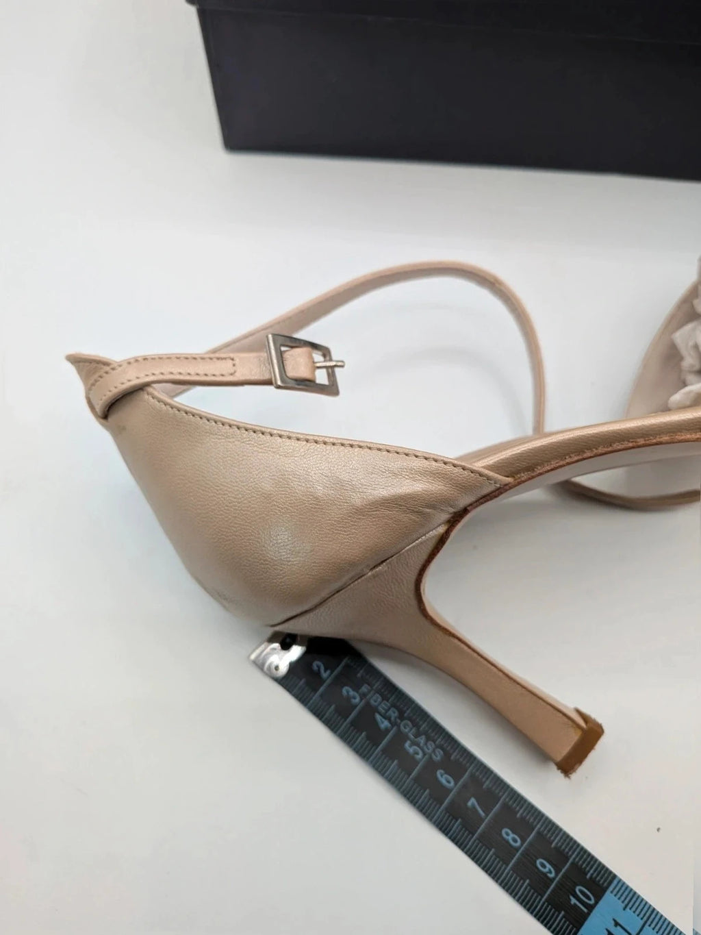 Anna Martini beige heels with satin finish, pointed toe, and adjustable ankle strap.