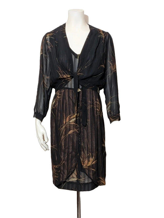 Retro multi midi dress with pockets, V-neck, pleated skirt, sheer long-sleeve bolero.