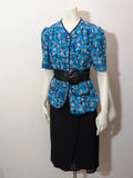 M-Made in Italy floral blazer blue and black with balloon sleeves and gold buttons.