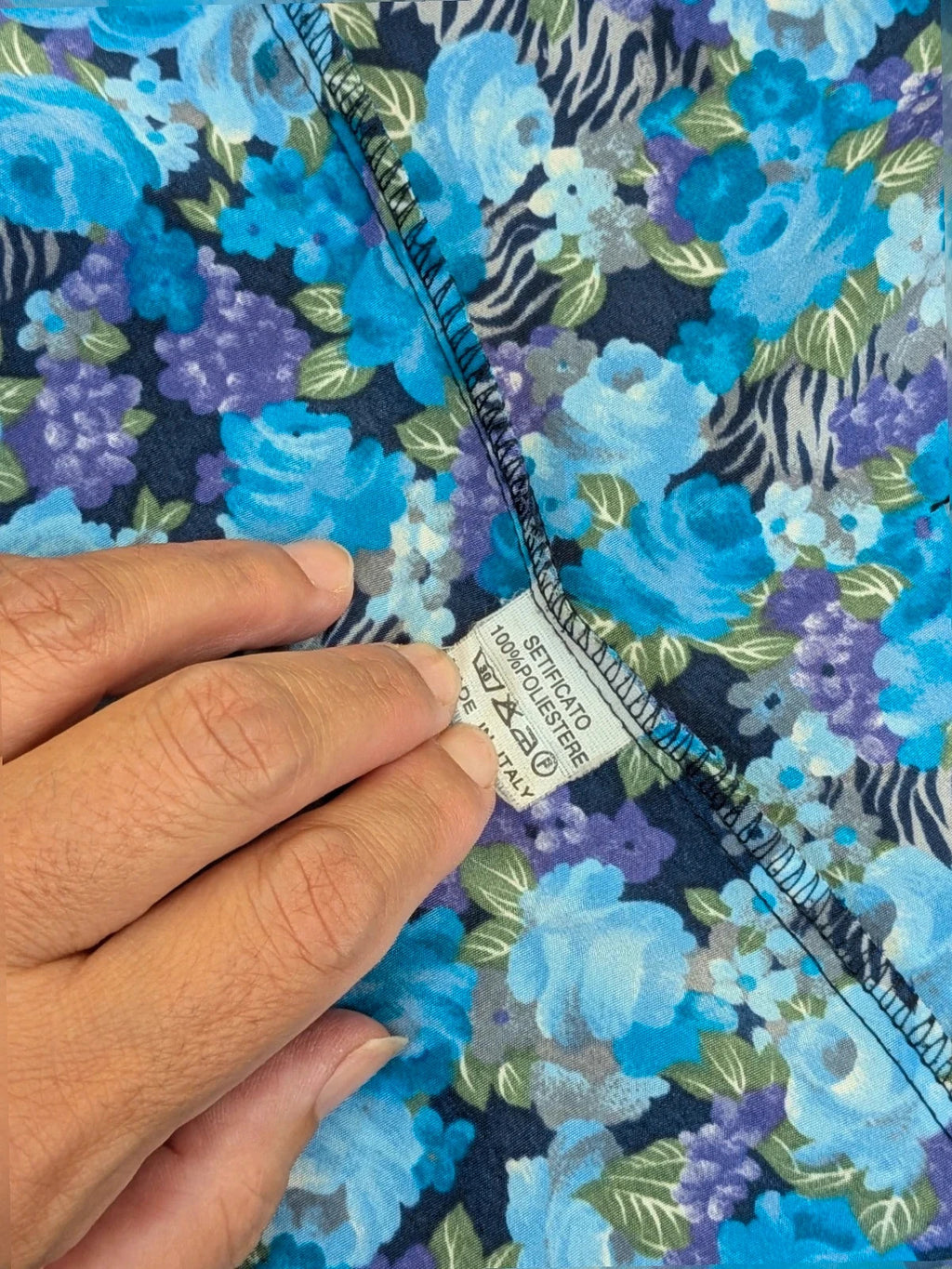 M-Made in Italy floral blazer blue and black with balloon sleeves and gold buttons.
