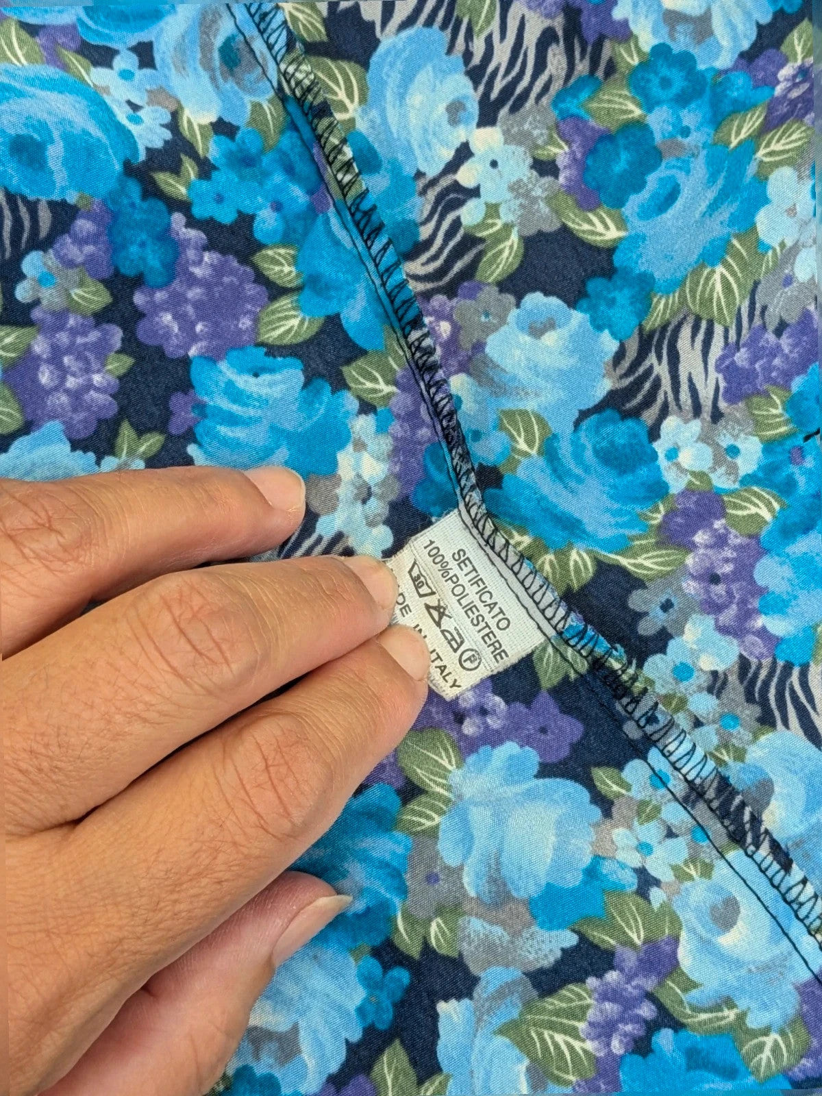 M-Made in Italy floral blazer blue and black with balloon sleeves and gold buttons.