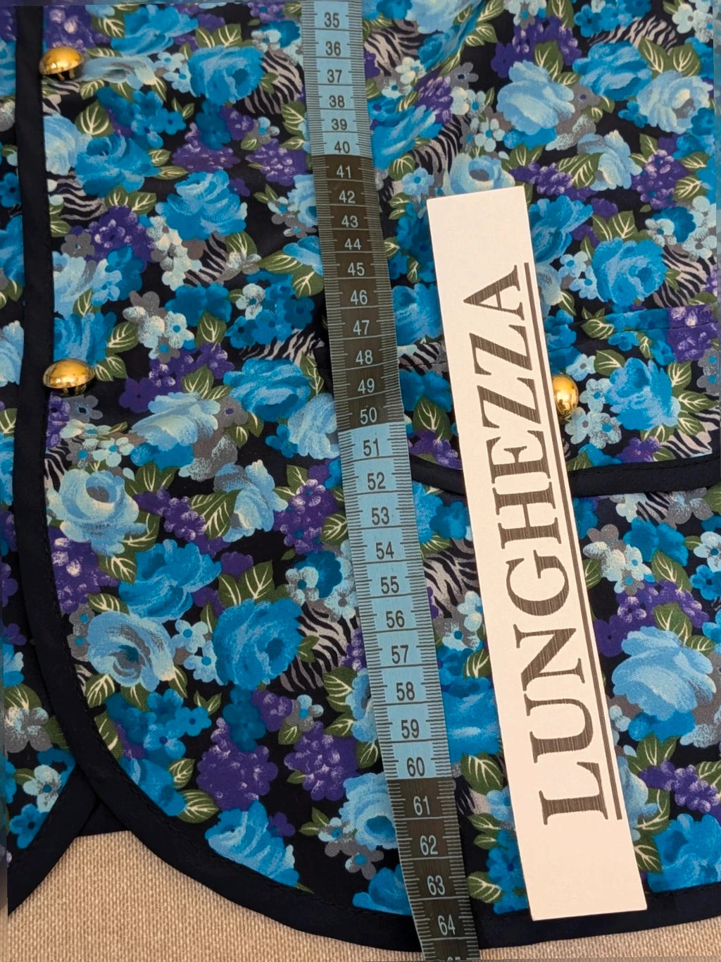 M-Made in Italy floral blazer blue and black with balloon sleeves and gold buttons.
