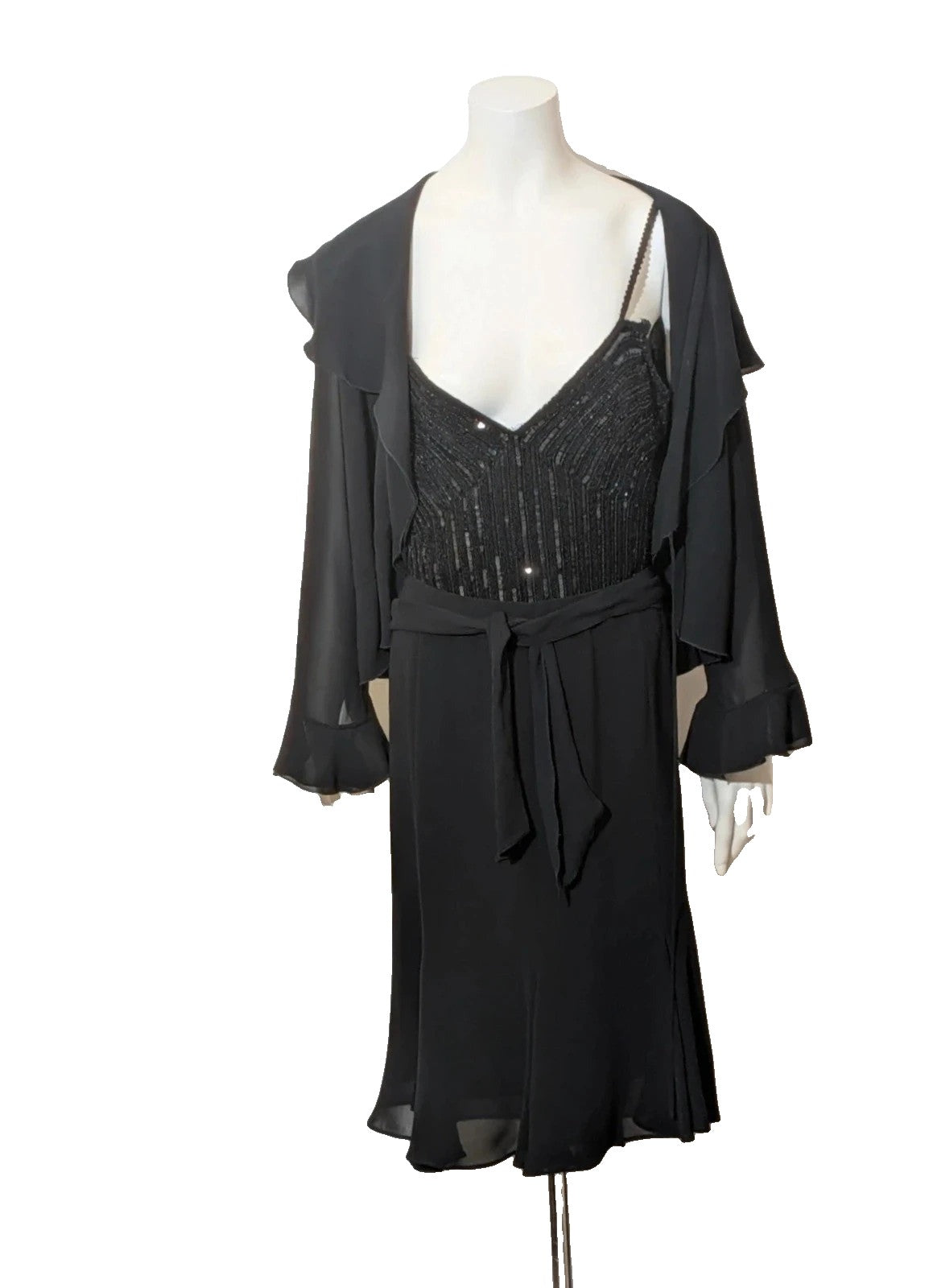 Modyva black casual ruffle maxi dress with sequined top and elegant belt detail.