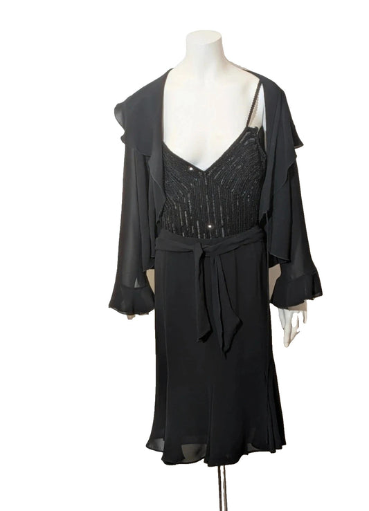 Modyva black casual ruffle maxi dress with sequined top and elegant belt detail.