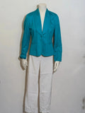 M-Made in Italy turquoise blazer suit with elegant lapel and white trousers, cotton blend.