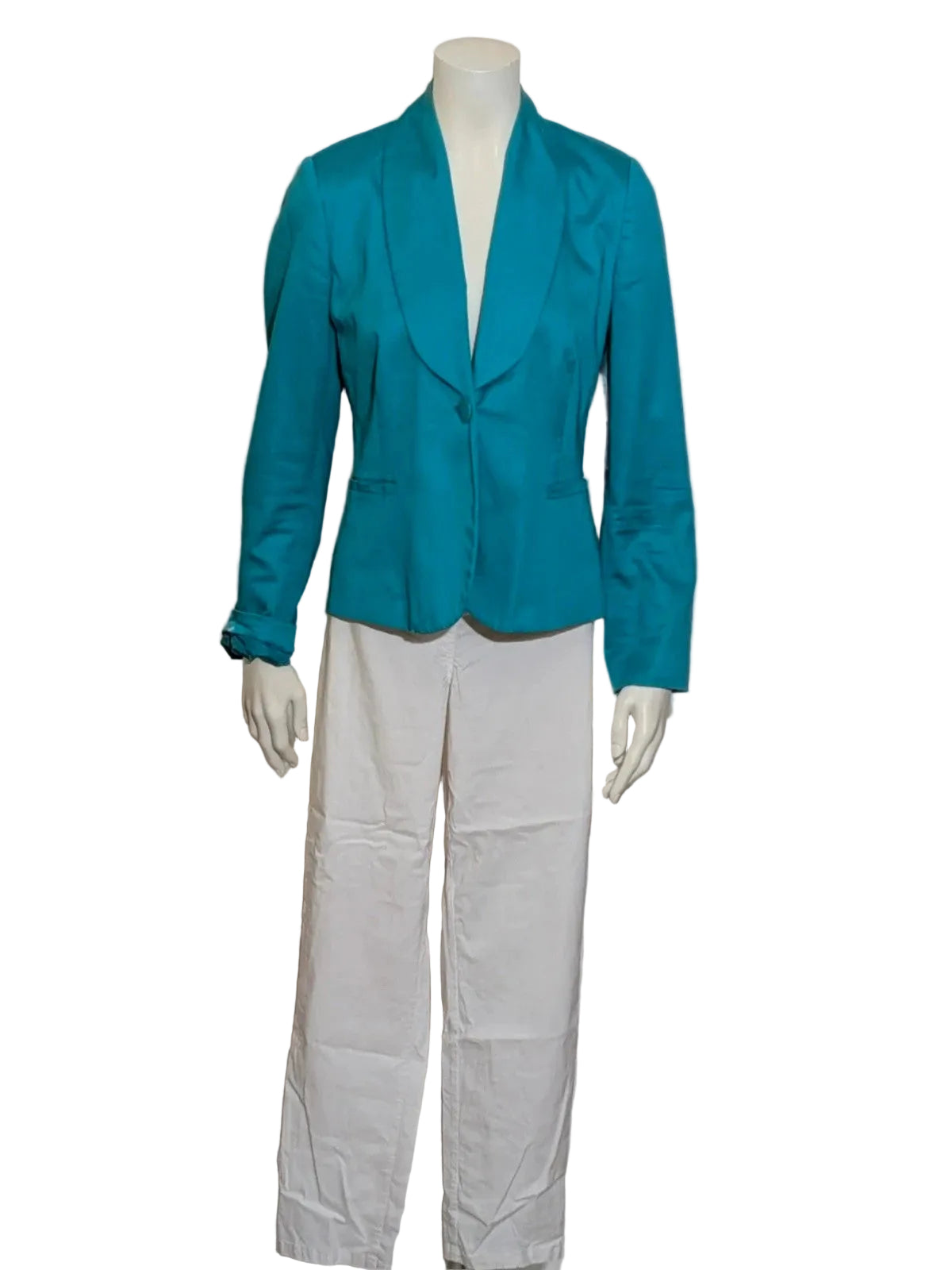 M-Made in Italy turquoise blazer suit with elegant lapel and white trousers, cotton blend.