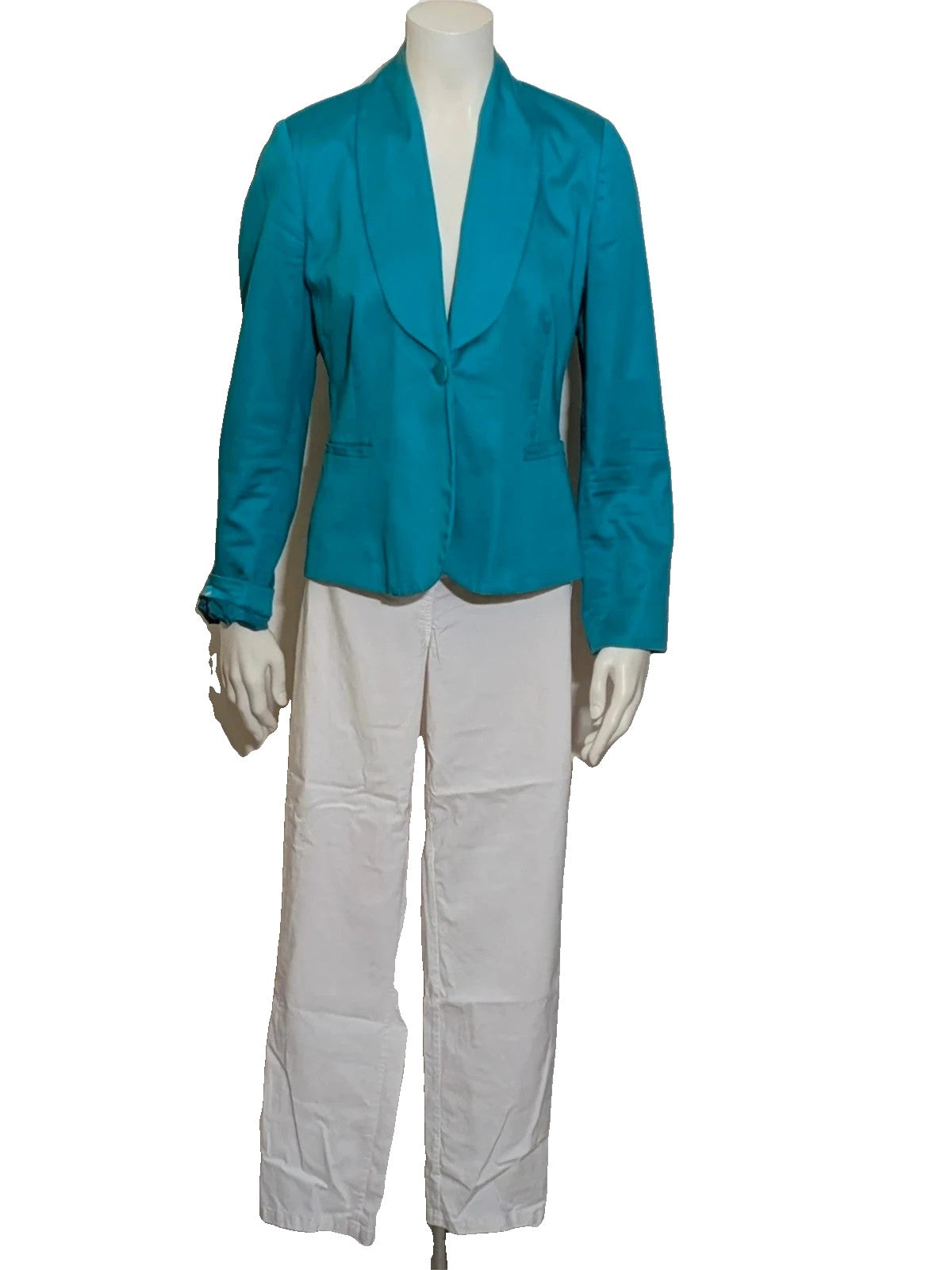 M-Made in Italy turquoise blazer suit with elegant lapel and white trousers, cotton blend.
