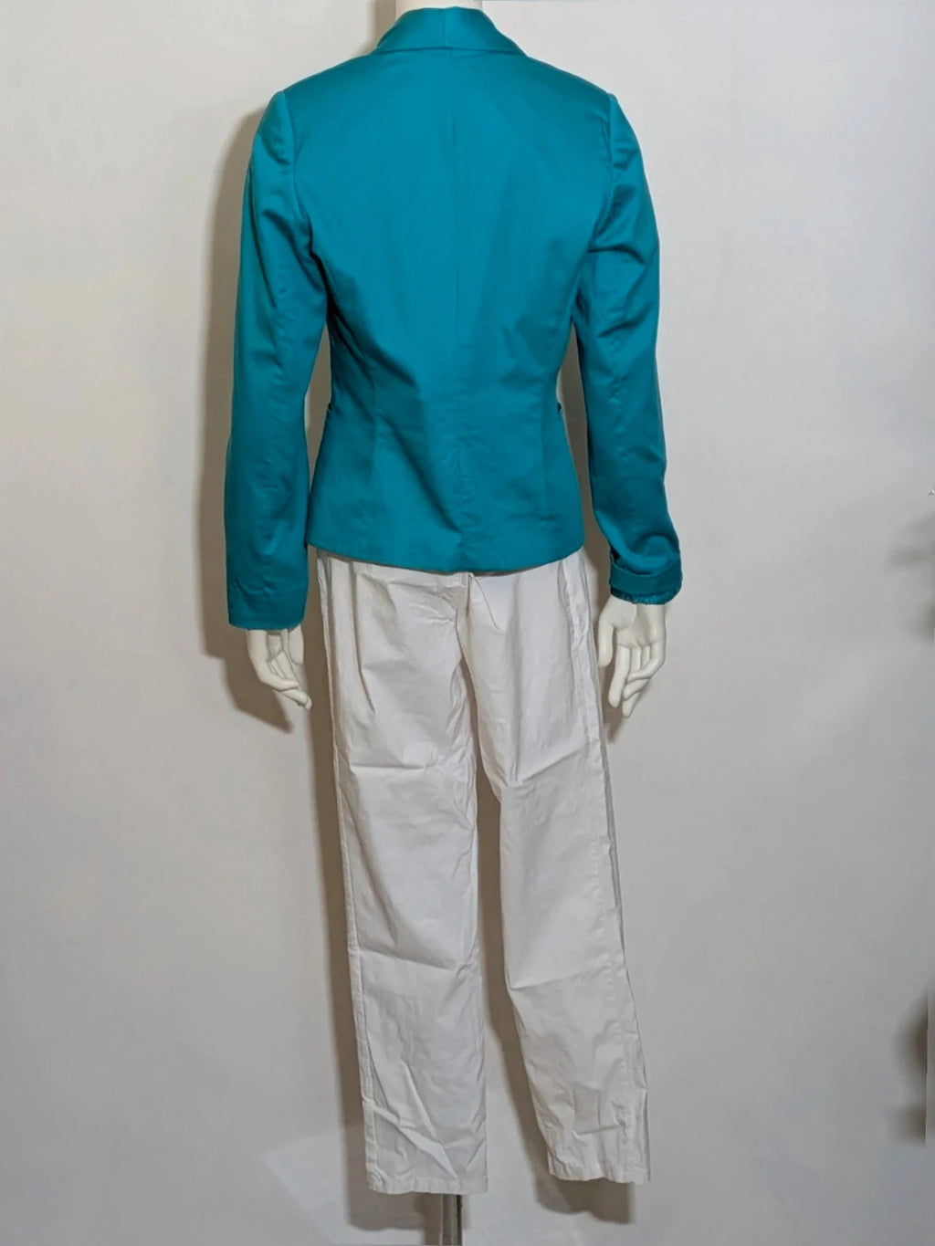 M-Made in Italy turquoise blazer suit with elegant lapel and white trousers, cotton blend.
