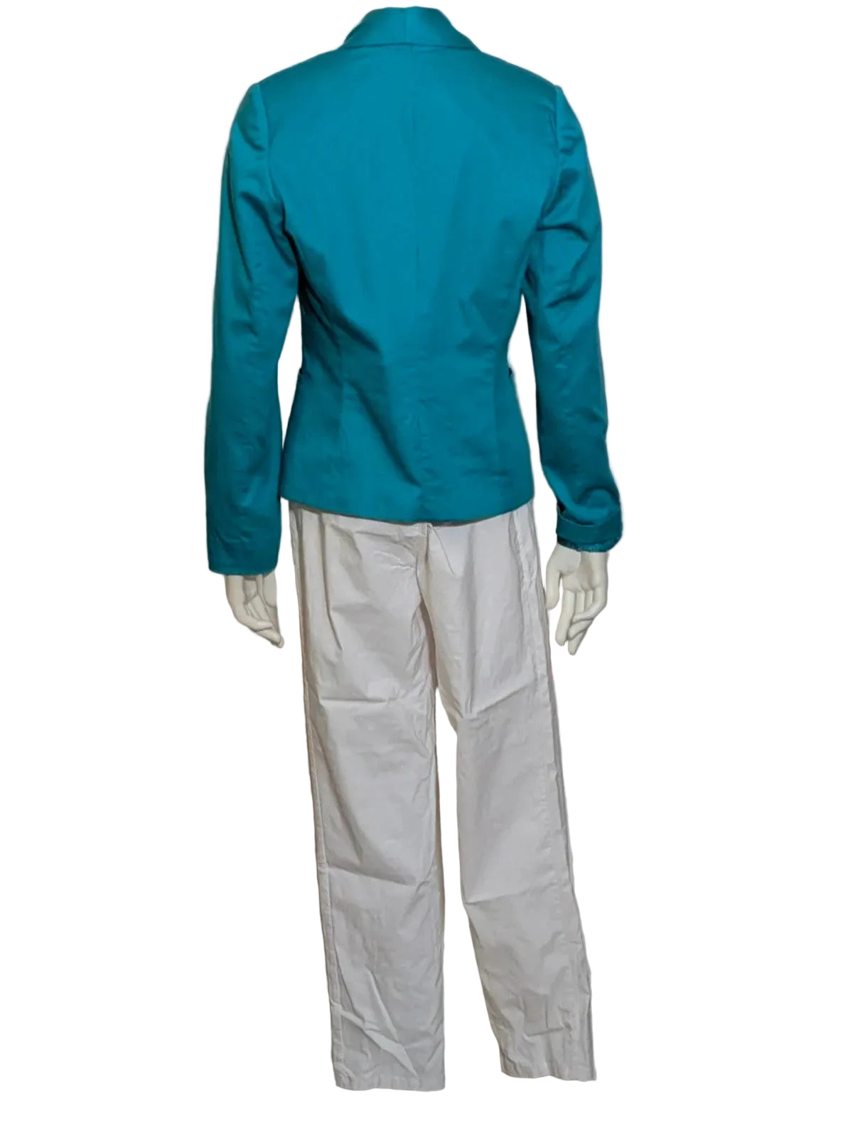 M-Made in Italy turquoise blazer suit with elegant lapel and white trousers, cotton blend.