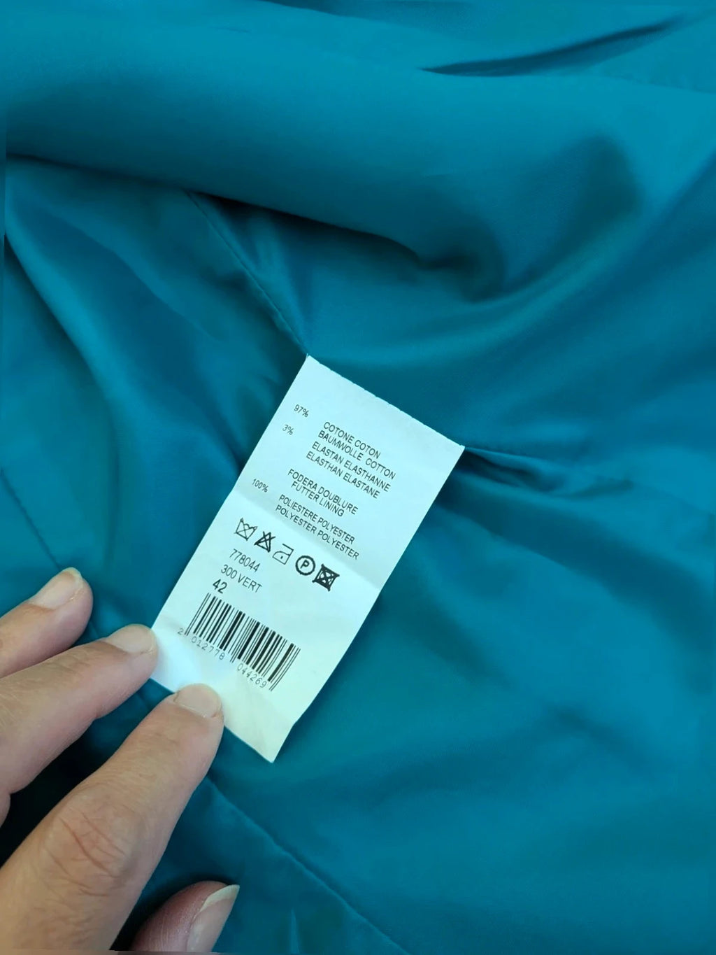 M-Made in Italy turquoise blazer suit with elegant lapel and white trousers, cotton blend.