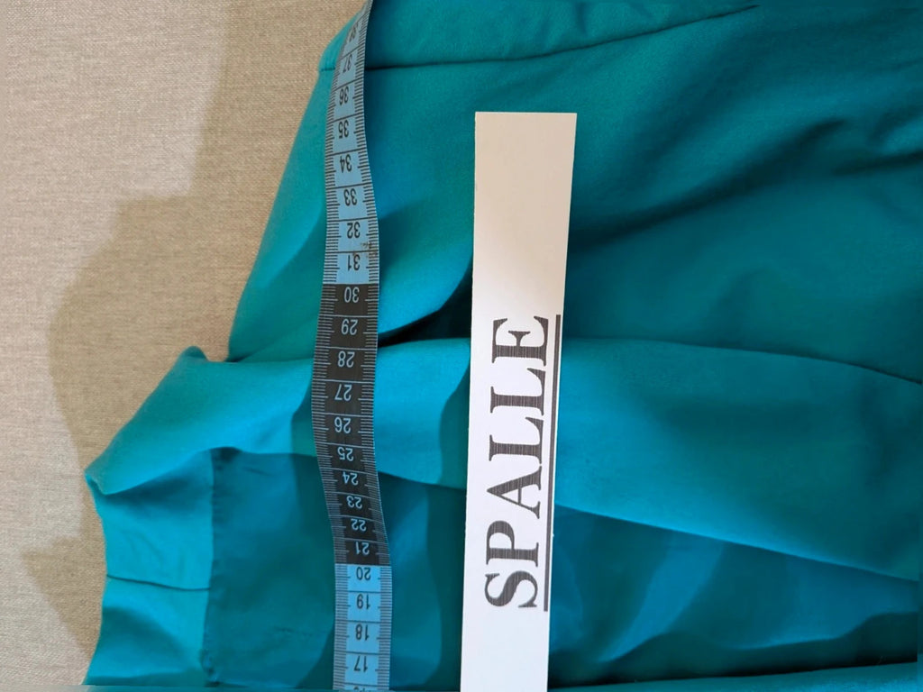 M-Made in Italy turquoise blazer suit with elegant lapel and white trousers, cotton blend.