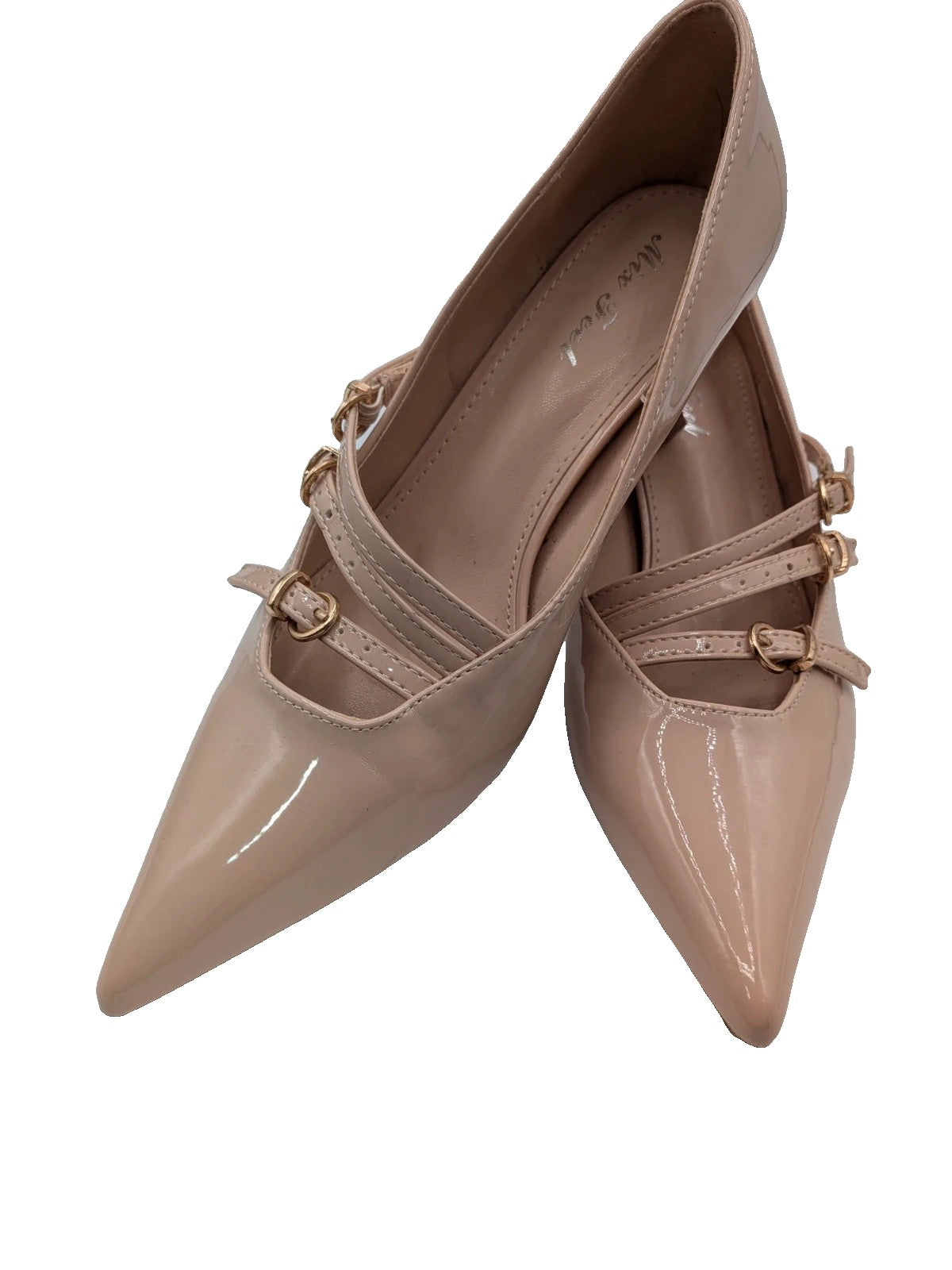 Mix Feel beige heels with pointed toe, glossy patent finish, and decorative gold buckles.