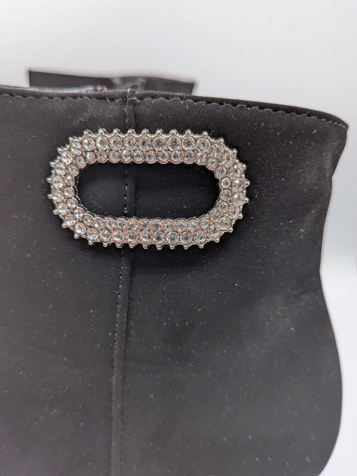 Tulipano black ankle boots faux suede with rhinestone buckle and chunky heel.
