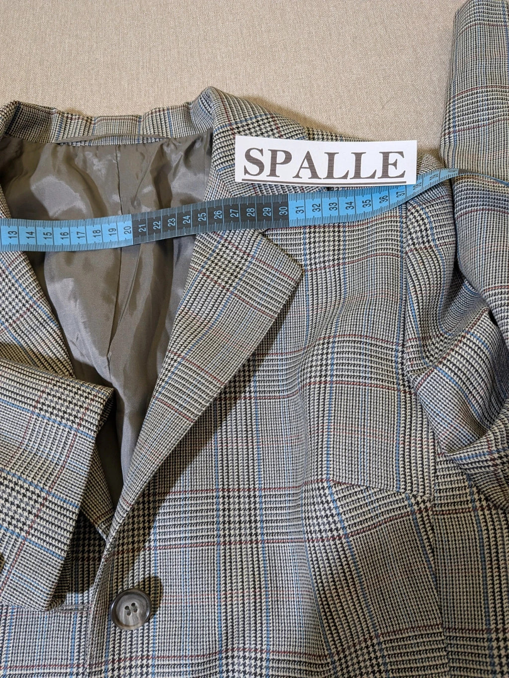 Retro grey multi skirt suit with Prince of Wales check pattern, structured jacket and fully lined skirt.