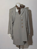 M-Made in Italy grey skirt suit with long jacket, short-sleeve dress, pearl buttons.