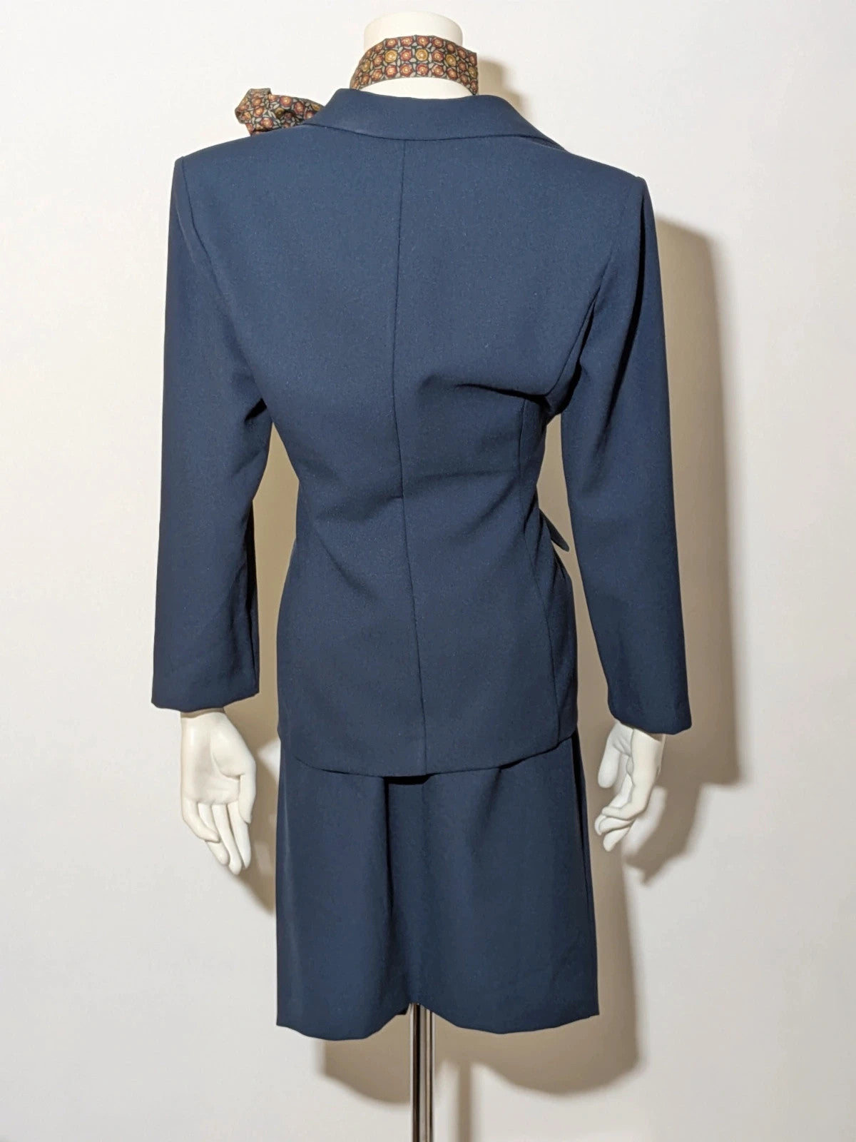 Sara Glenzer navy skirt suit, vintage blazer with three-button closure and straight skirt with slits.