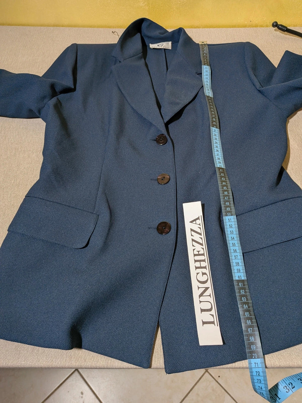 Sara Glenzer navy skirt suit, vintage blazer with three-button closure and straight skirt with slits.