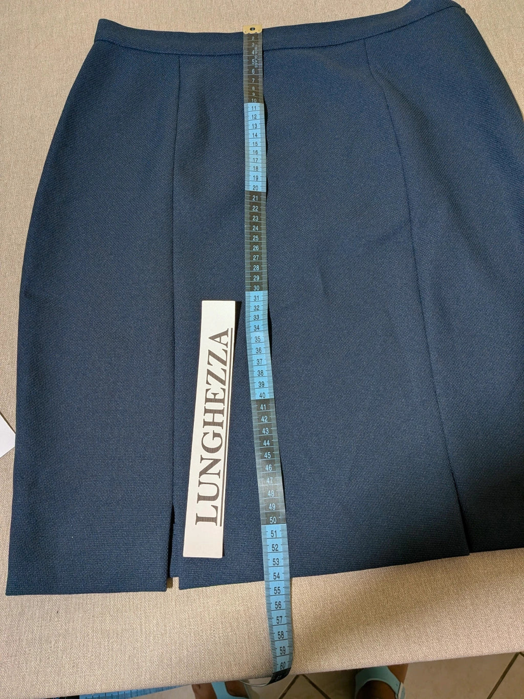 Sara Glenzer navy skirt suit, vintage blazer with three-button closure and straight skirt with slits.