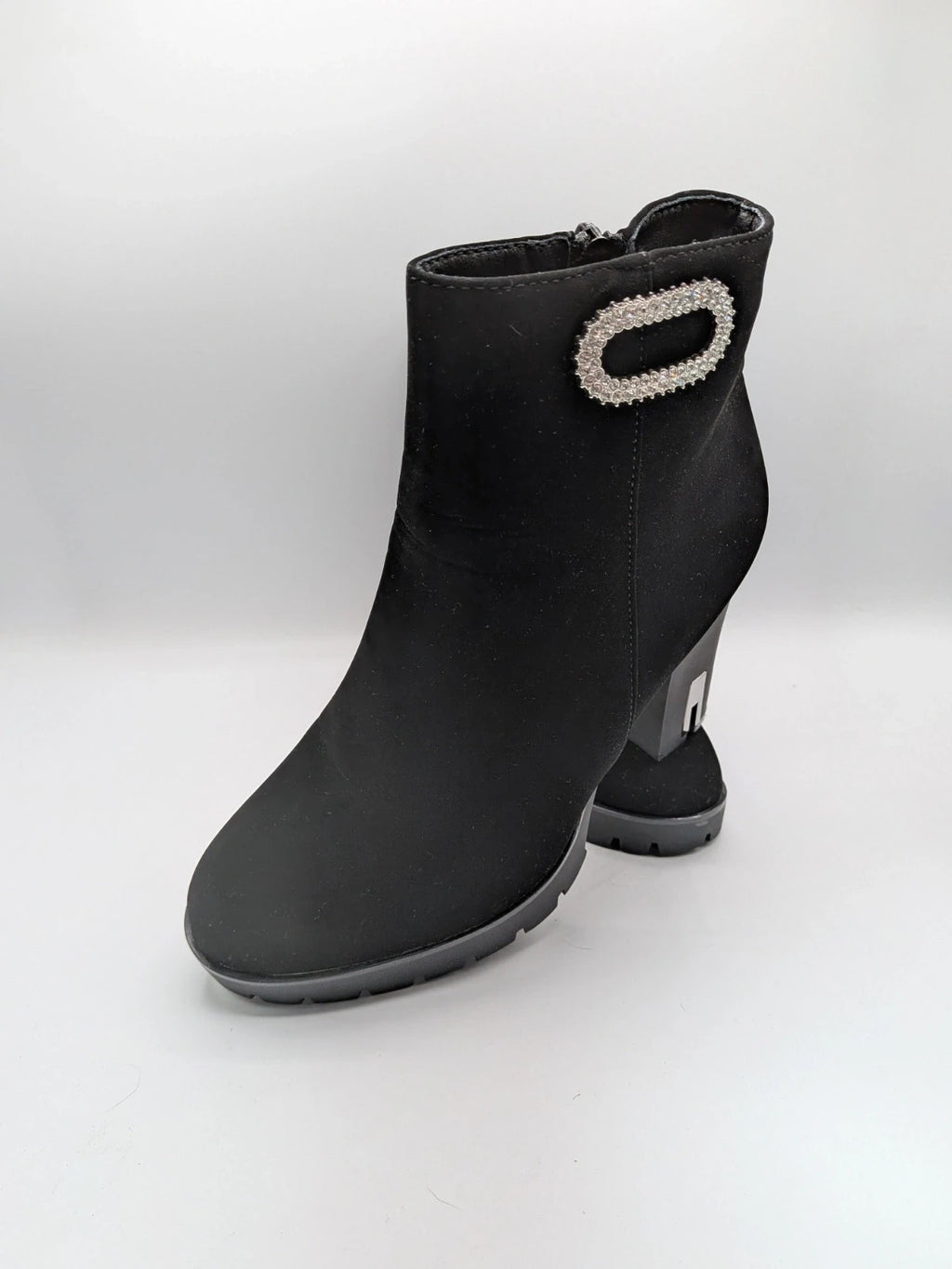 Tulipano black ankle boots faux suede with rhinestone buckle and chunky heel.