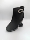 Tulipano black ankle boots faux suede with rhinestone buckle and chunky heel.