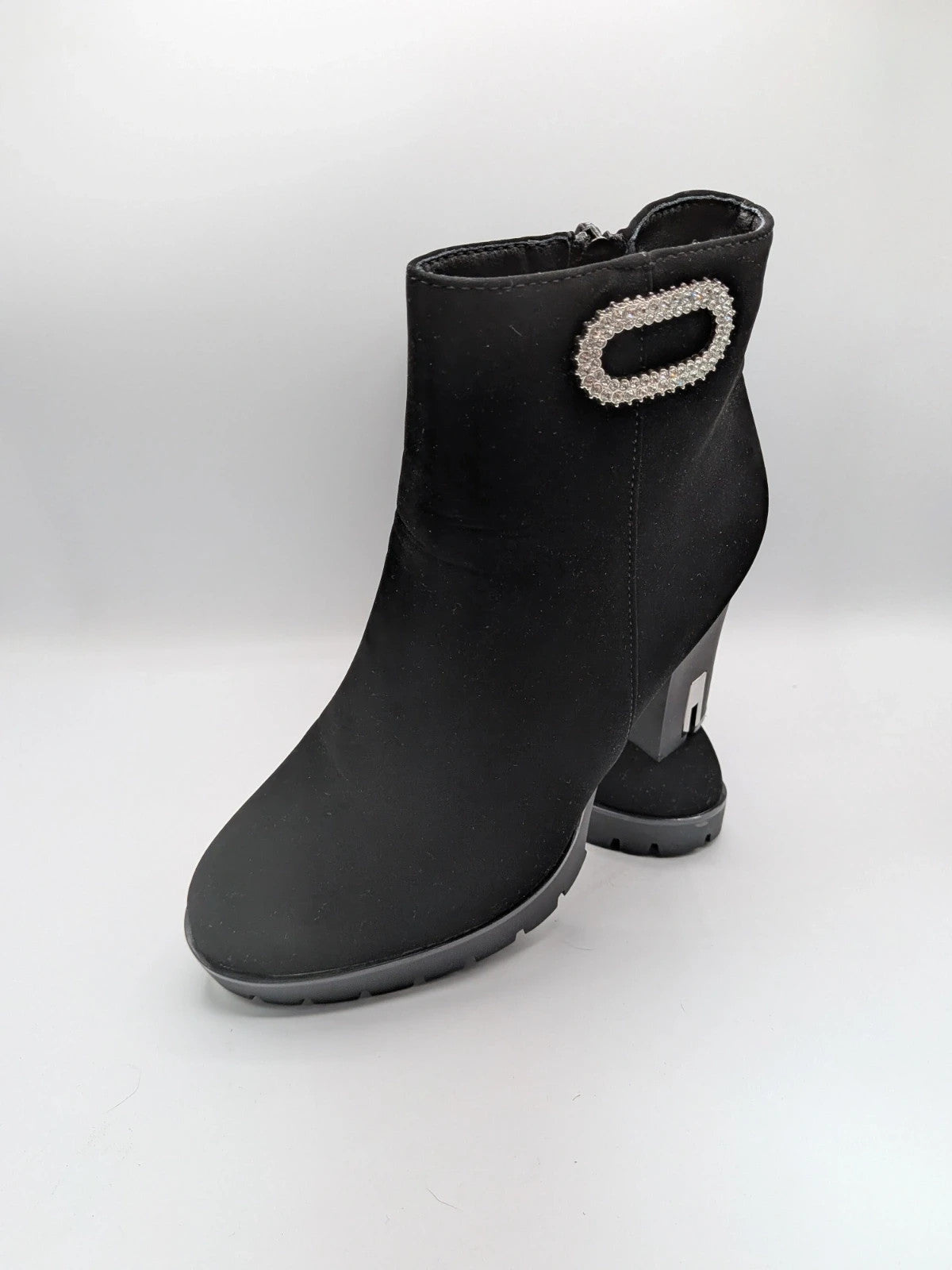 Tulipano black ankle boots faux suede with rhinestone buckle and chunky heel.