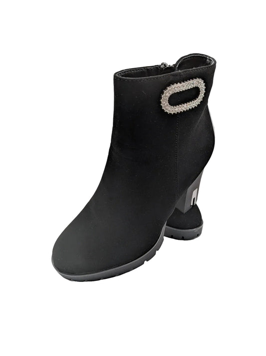 Tulipano black ankle boots faux suede with rhinestone buckle and chunky heel.