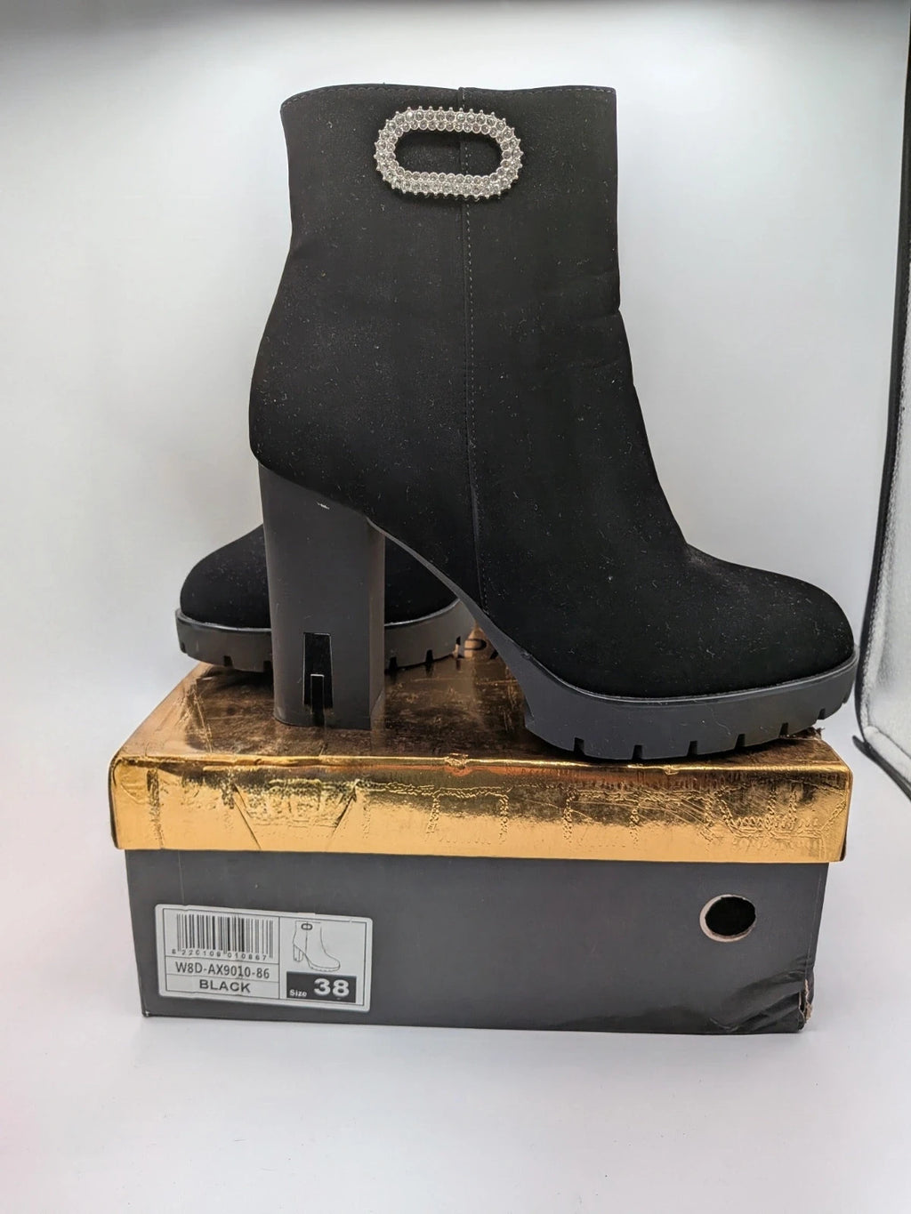 Tulipano black ankle boots faux suede with rhinestone buckle and chunky heel.