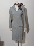 M-Made in Italy grey skirt suit with zip jacket, classic lapel, pencil skirt design.