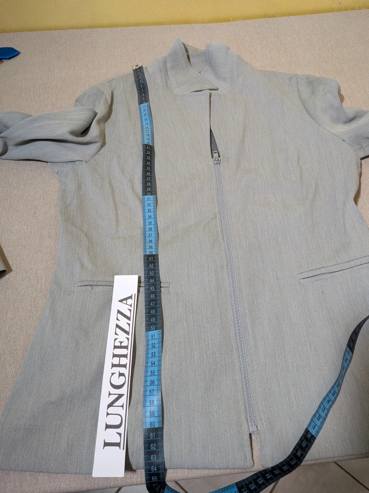 M-Made in Italy grey skirt suit with zip jacket, classic lapel, pencil skirt design.